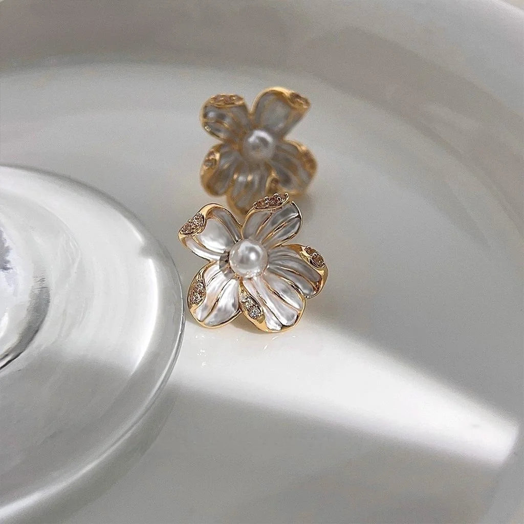14K Gold Plated Copper 3D Flower Stud Earrings With Micro Pave Zircon Elegant Floral Jewelry