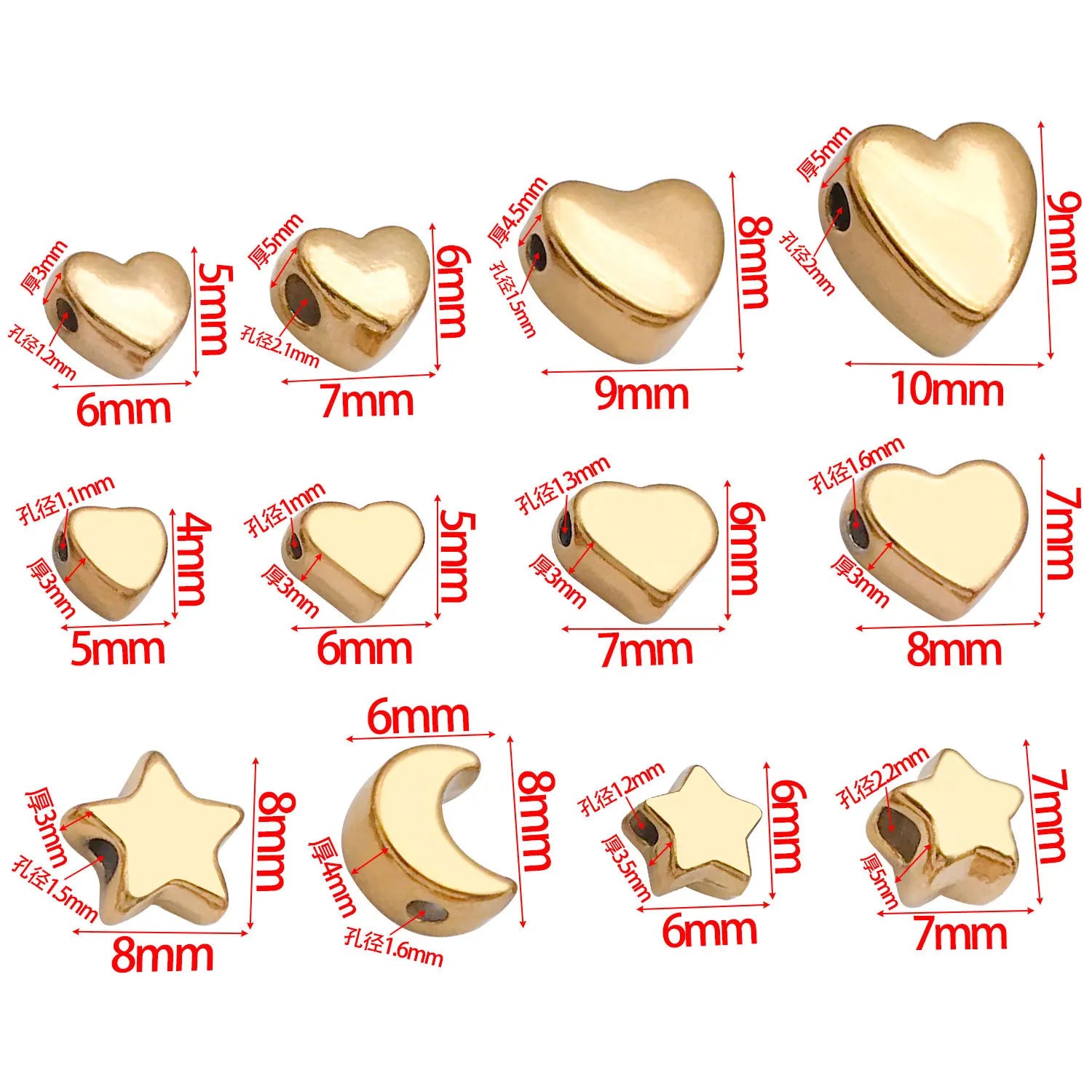 Stainless Steel Round Heart Five-Point Star Moon Spacer Beads for DIY Bracelet Necklace