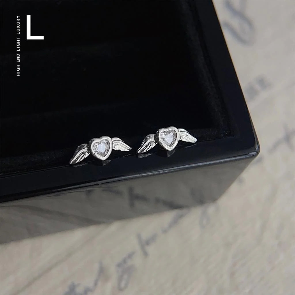 Minimalist Copper Micro Pave Zircon Heart Angel Wing Stud Earrings For Women