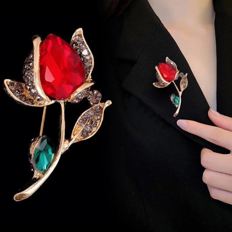 Elegant Red Glass Crystal Rose Flower Brooch With Rhinestone Leaves, Women's Lapel Pin Suit Accessory Gift