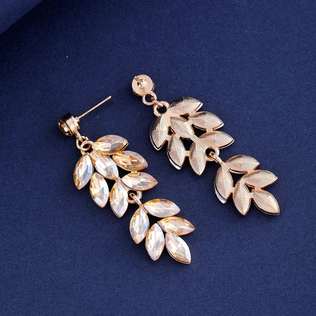 Elegant Long Drop Earrings With Champagne Crystal Leaf Rhinestones For Women Wedding Party Banquet Gift