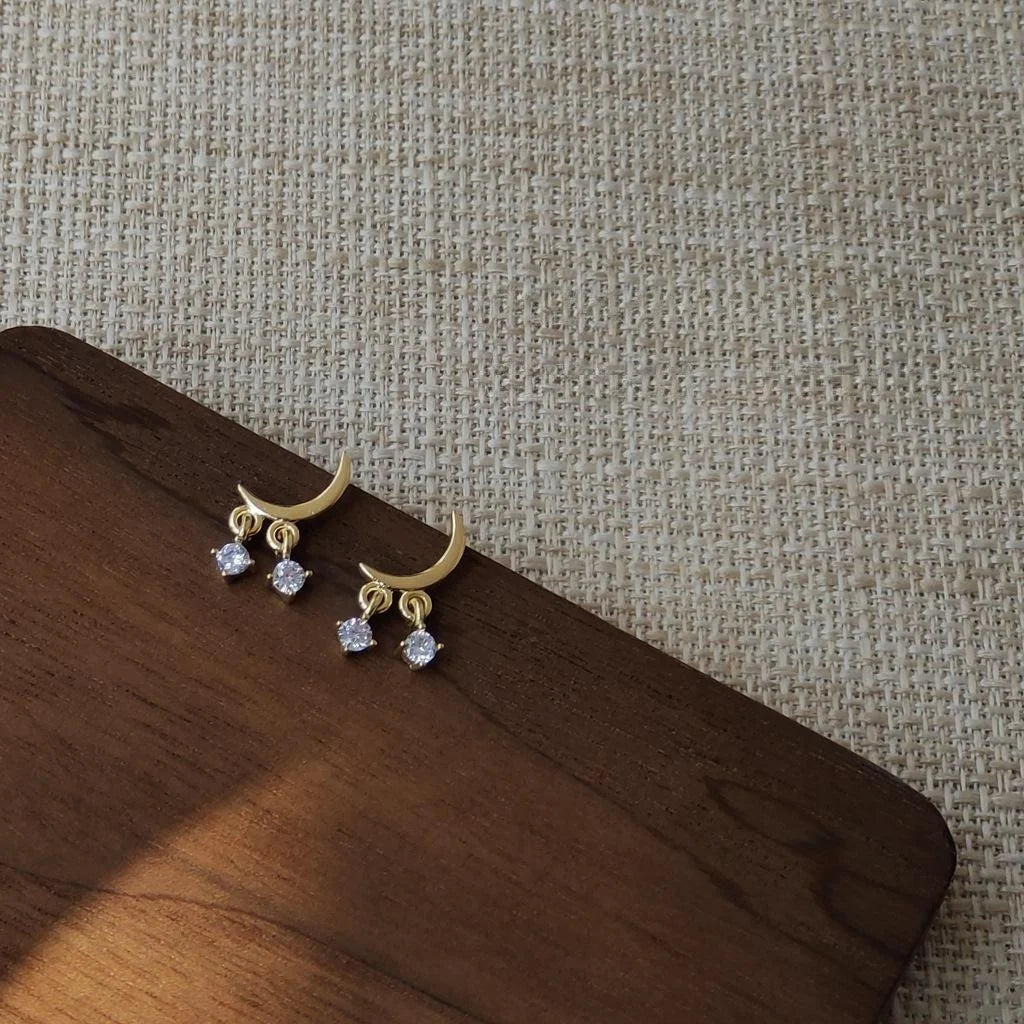 14K Plated Copper Micro Pave Zircon Mini Moon Stud Earrings For Women Simple Geometric Jewelry