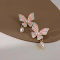 Elegant Forest Style 14K Gold Plated Butterfly Enamel Freshwater Pearl Drop Earrings