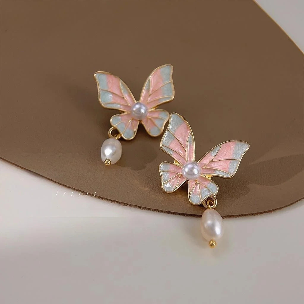 Elegant Forest Style 14K Gold Plated Butterfly Enamel Freshwater Pearl Drop Earrings