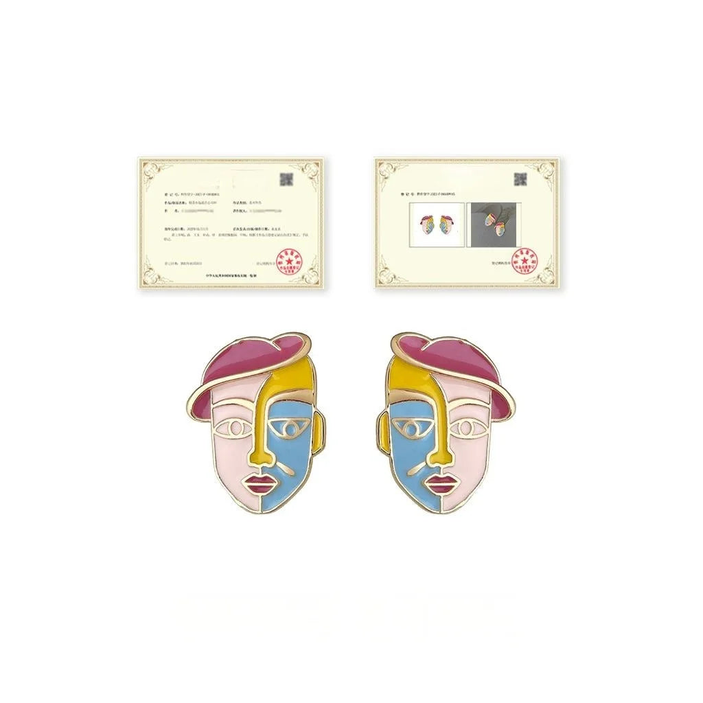 Hand Painted Cartoon Portrait Geometric Eco-Friendly Copper Stud Earrings Niche Designer