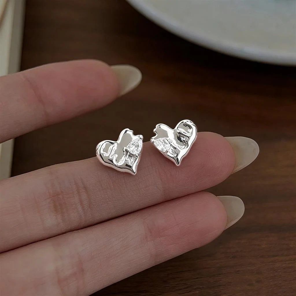 Silver Plated Eco Copper Heart Zircon Stud Earrings, Irregular Liquid Metal Minimalist Style