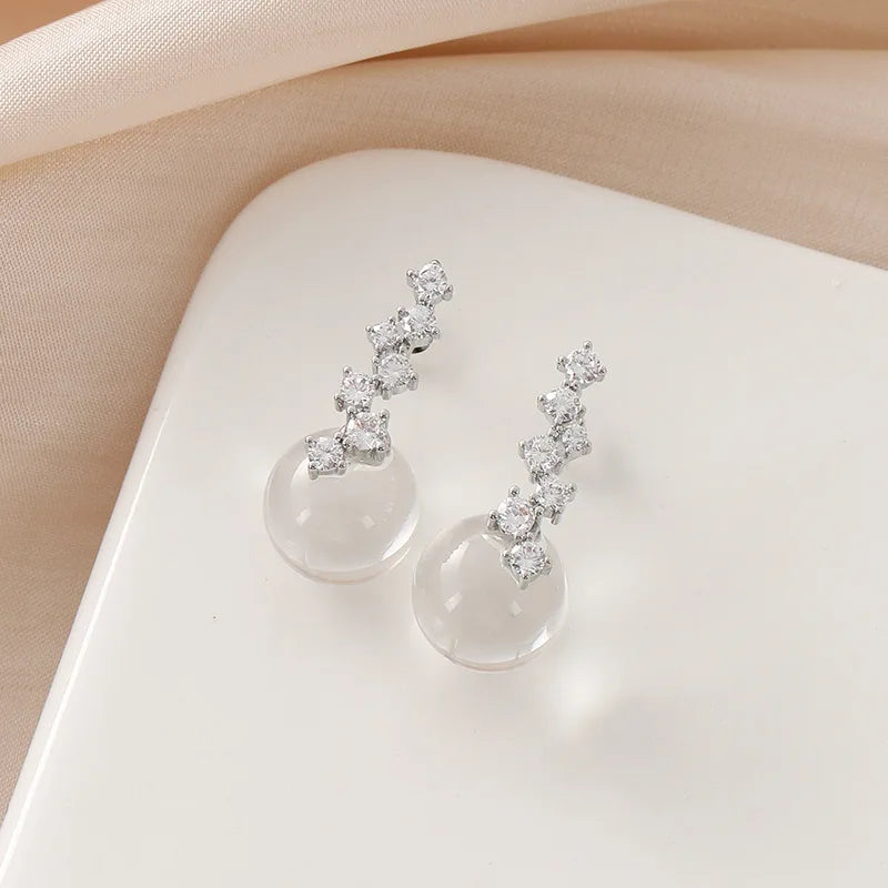 Elegant Starry Zircon Crystal Transparent Round Glass Bead Drop Stud & Clip On No Piercing Earrings