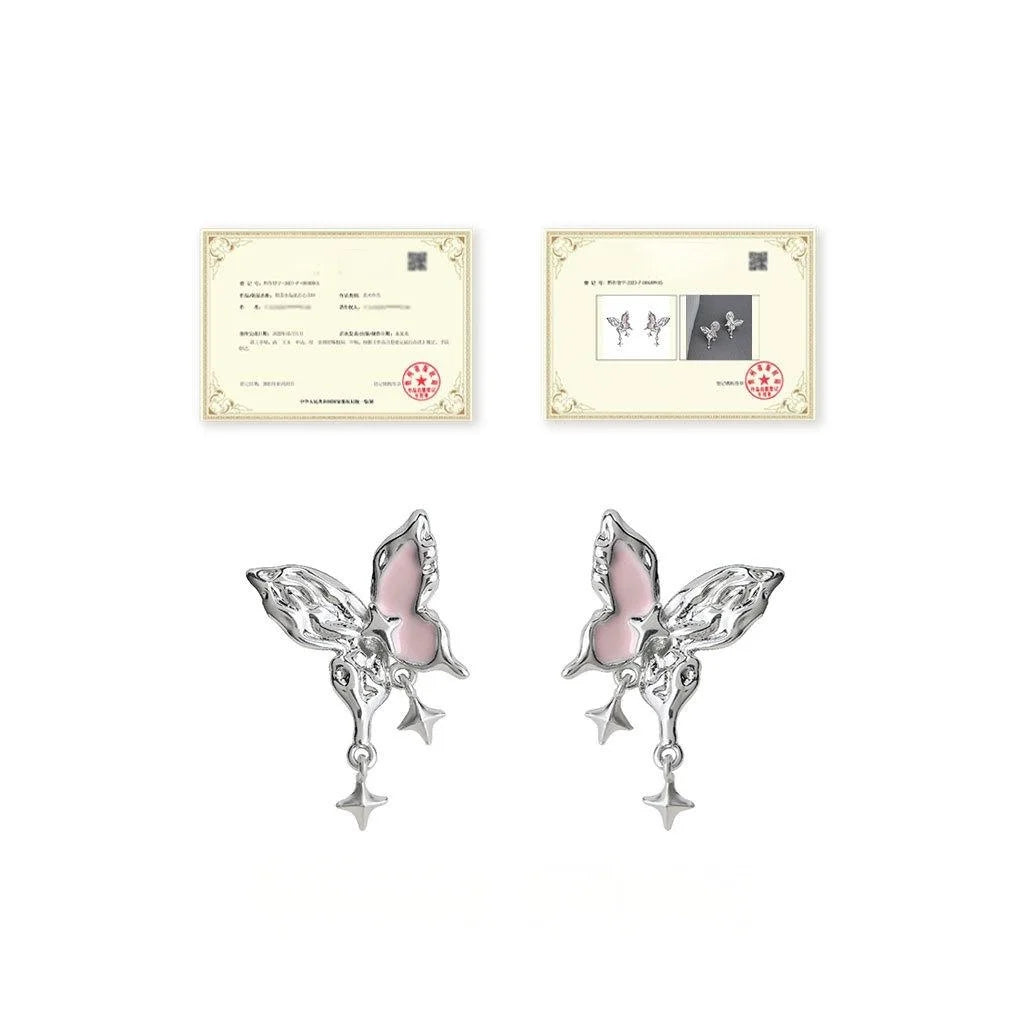 Sweet Cool Pink Enamel Butterfly Drop Earrings, Copper Liquid Texture Star Design