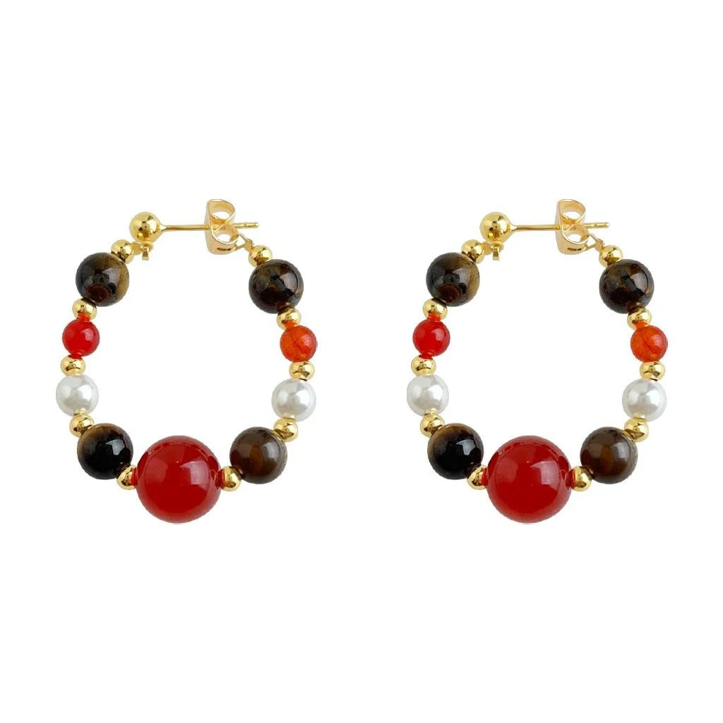 New Chinese Retro Copper Tiger Eye Red Agate Pearl Geometric Drop Earrings