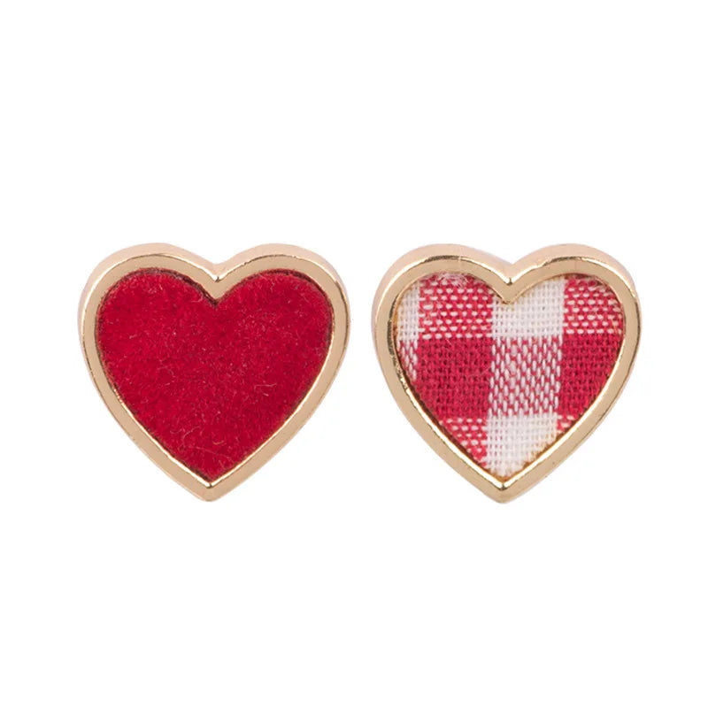 Elegant Asymmetric Red Heart Plaid Alloy Stud & Clip On No Piercing Valentine's Fashion Earrings