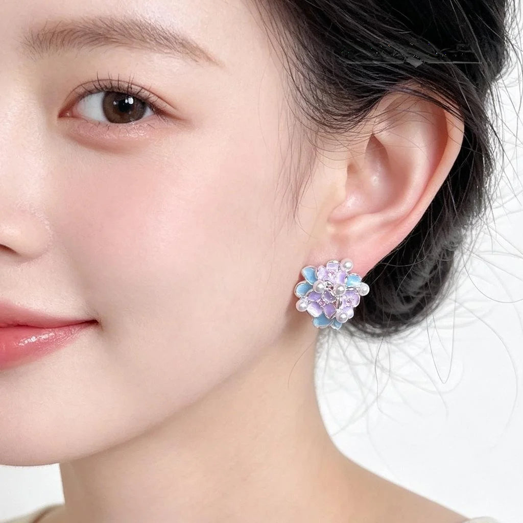Fresh Sweet Floral Enamel Drip Glaze High Luster Pearl Zircon Micro Pave Stud Earrings