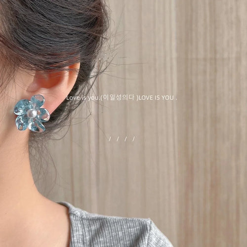 Fairy Style Translucent Blue Acrylic Flower Pearl Stud Earrings Irregular Floral Design