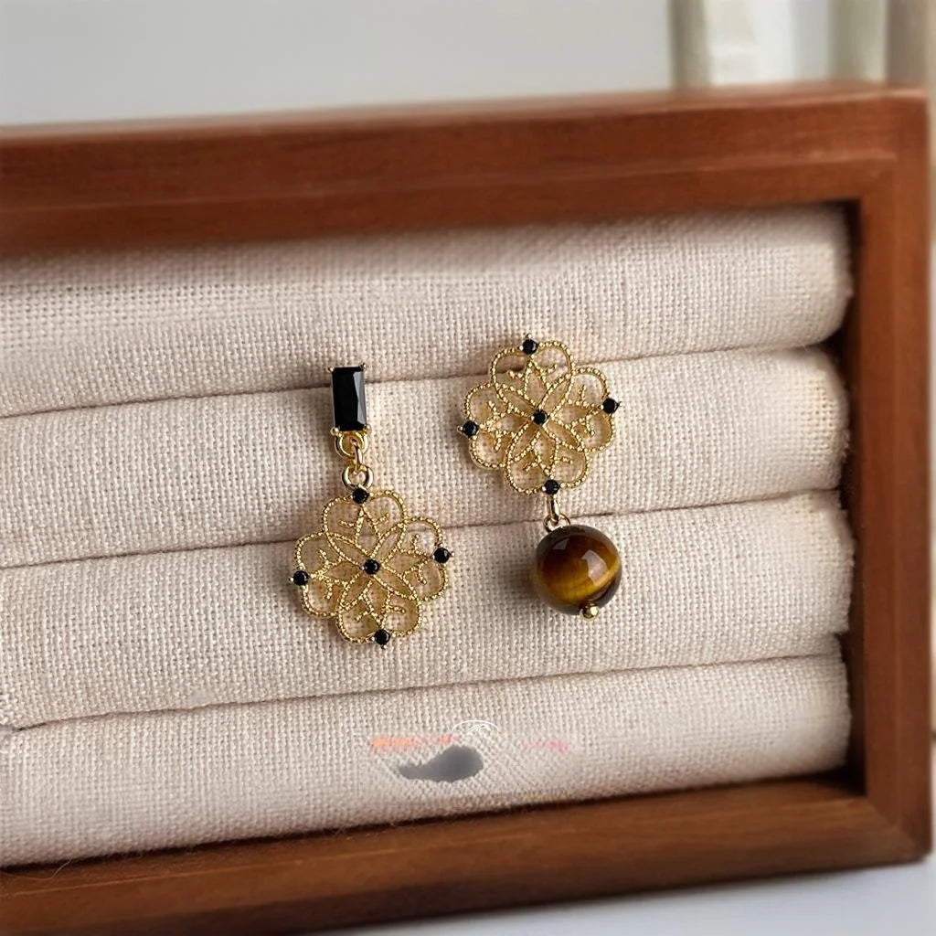 Old Money Copper Tiger Eye Zircon Micro Pave Asymmetric Geometric Drop Earrings