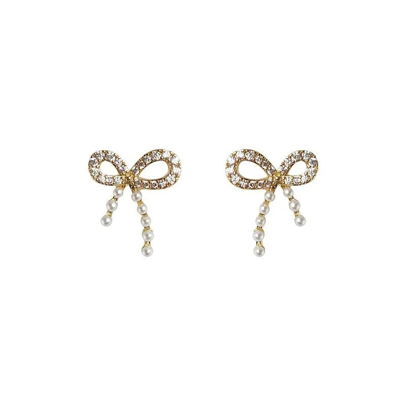 Cute Bow Pearl Stud Earrings With Micro Pave Zircon 14K Plated Eco Copper