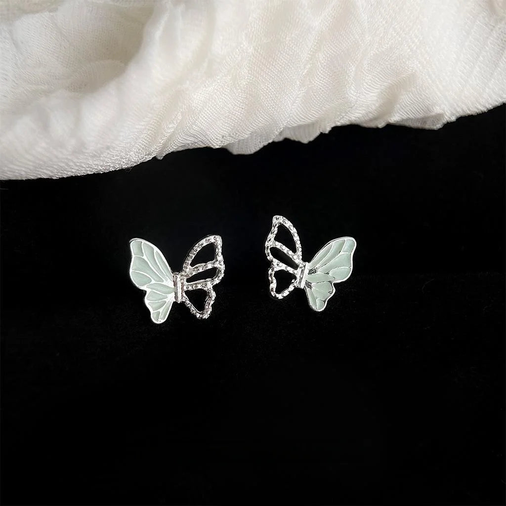 Fresh Sweet Enamel Butterfly Stud Earrings Copper Hollow Asymmetric Elegant Minimalist Jewelry
