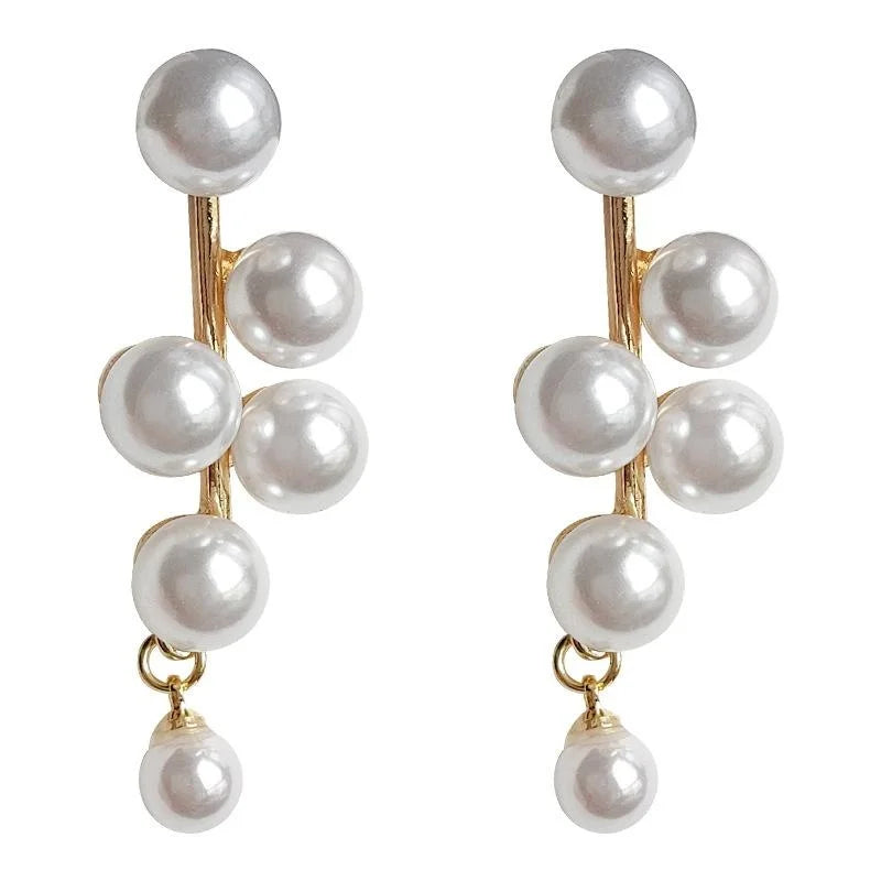 French Vintage High Gloss Pearl Tassel Stud Earrings, Two-Way Long Grape Cluster Design