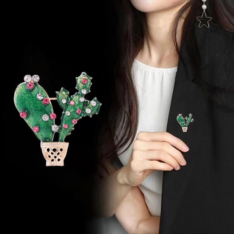 Elegant Green Enamel Cactus Alloy Rhinestone Brooch, Cute Plant Lapel Pin Corsage Sweater Suit Accessory Gift