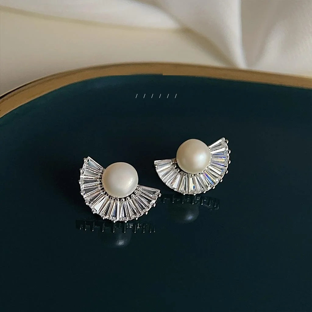 Light Luxury Geometric Fan Freshwater Pearl Micro Pave Zircon Copper Drop Earrings