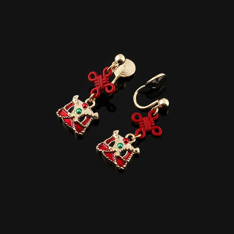 Vintage Chinese Lion Dance Red Knot Alloy Enamel Rhinestone Stud & Clip On No Piercing Drop Earrings