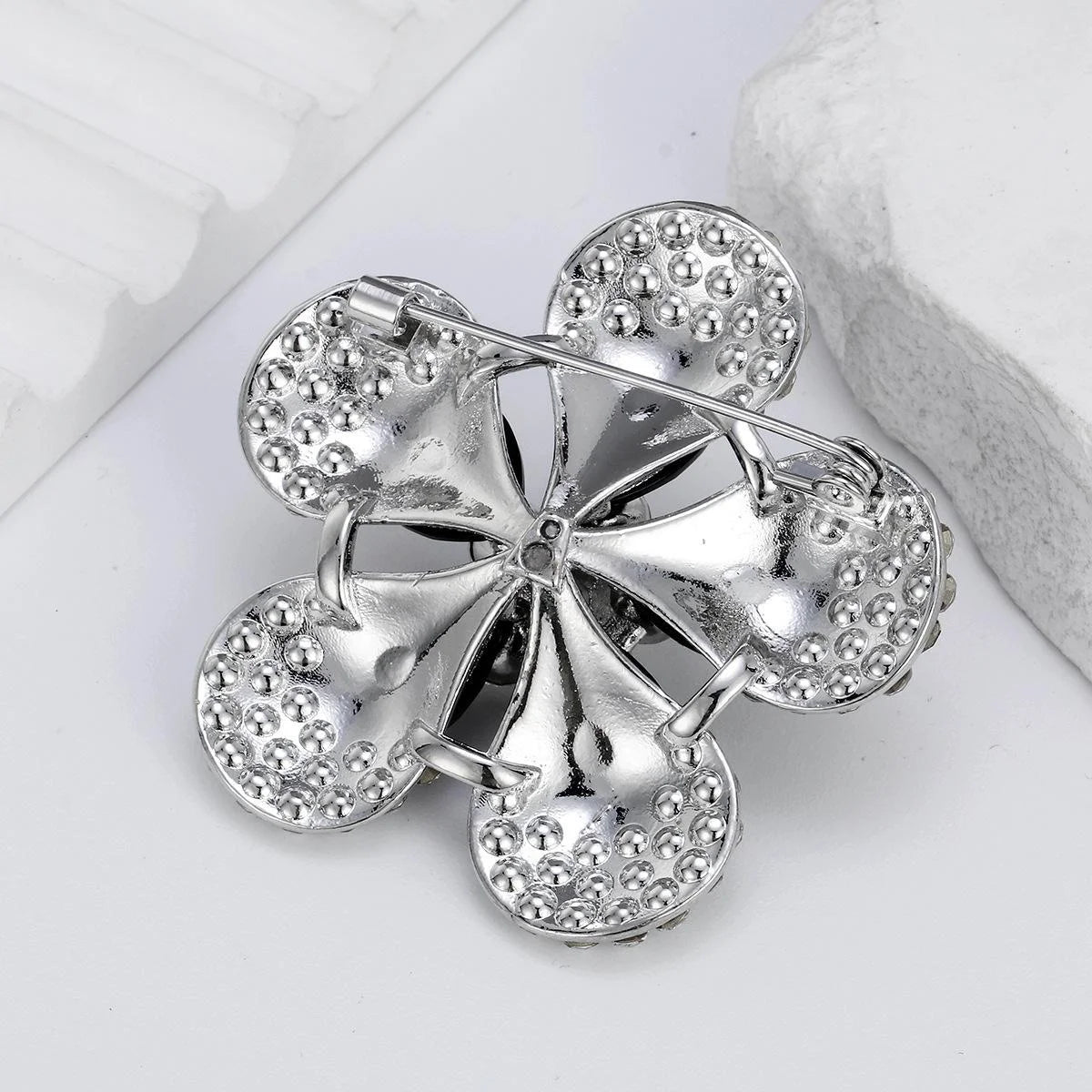 Luxury Black Flower Rhinestone Alloy Brooch, Elegant Crystal Lapel Pin Corsage Suit Accessory Gift