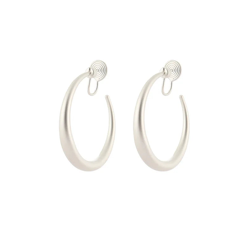 Matte Silver Alloy Open Hoop With Spiral Disc, Minimalist Stud & Clip On No Piercing Earrings