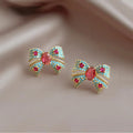 14K Plated Copper Blue Bow Stud Earrings With Micro Pave Zircon