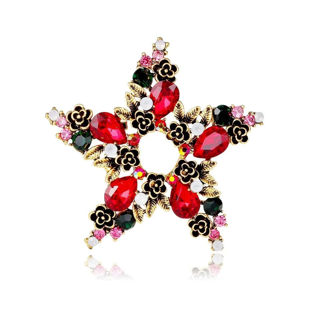 Vintage Hollow Star Brooch With Red Rhinestones And Enamel Flowers, Elegant Christmas Lapel Pin Gift