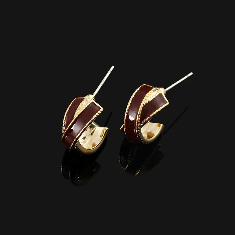 Vintage Luxury Red Enamel Cross Hoop Spiral Alloy Stud & Clip On No Piercing Statement Earrings