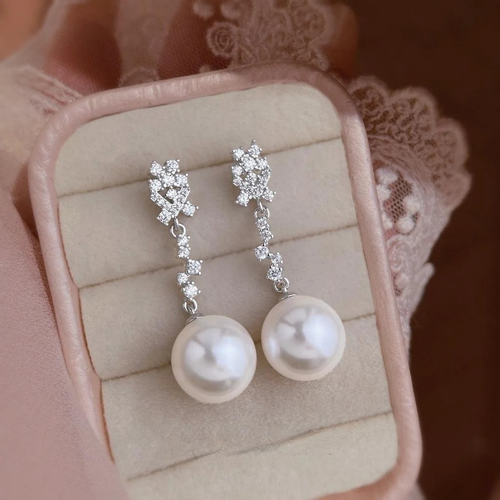 Elegant Geometric Tassel Drop Earrings With Large Glass Pearl Zircon Copper