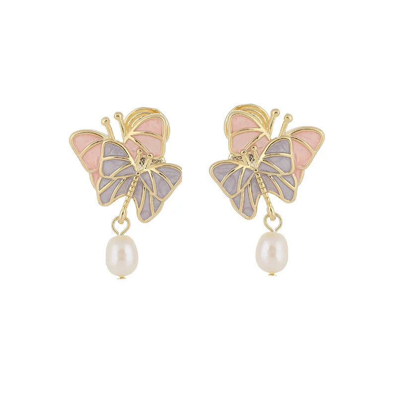 Elegant Pink Purple Enamel Butterfly Freshwater Pearl Stud & Clip On No Piercing Alloy Earrings