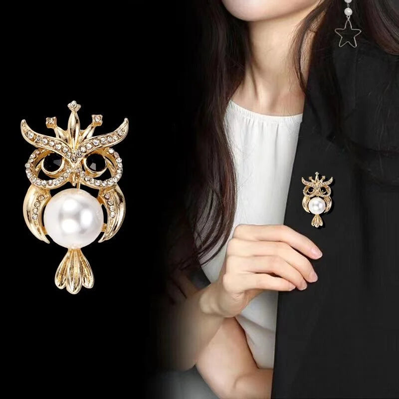 Cute Pearl Owl Brooch With Rhinestone Eyes, Gold Alloy Animal Lapel Pin Corsage Suit Accessory Gift