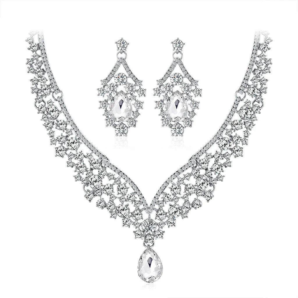 Luxury Bridal Crystal Rhinestone Teardrop Necklace And Earrings Jewelry Set For Wedding Banquet Party Gift