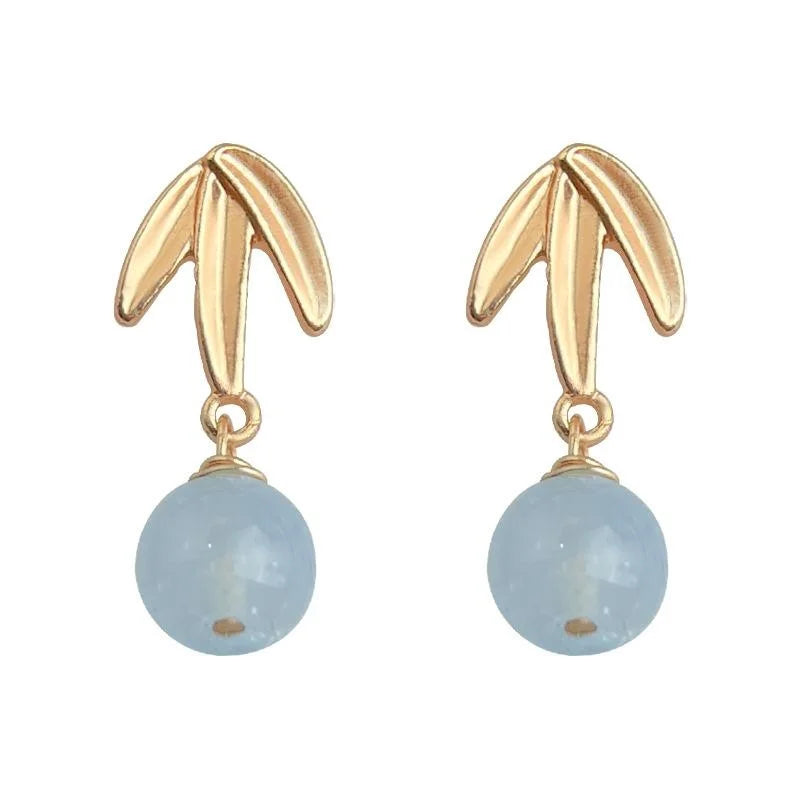 New Chinese Style Aquamarine Bamboo Leaf Drop Earrings Handmade Matte Designer Jewelry