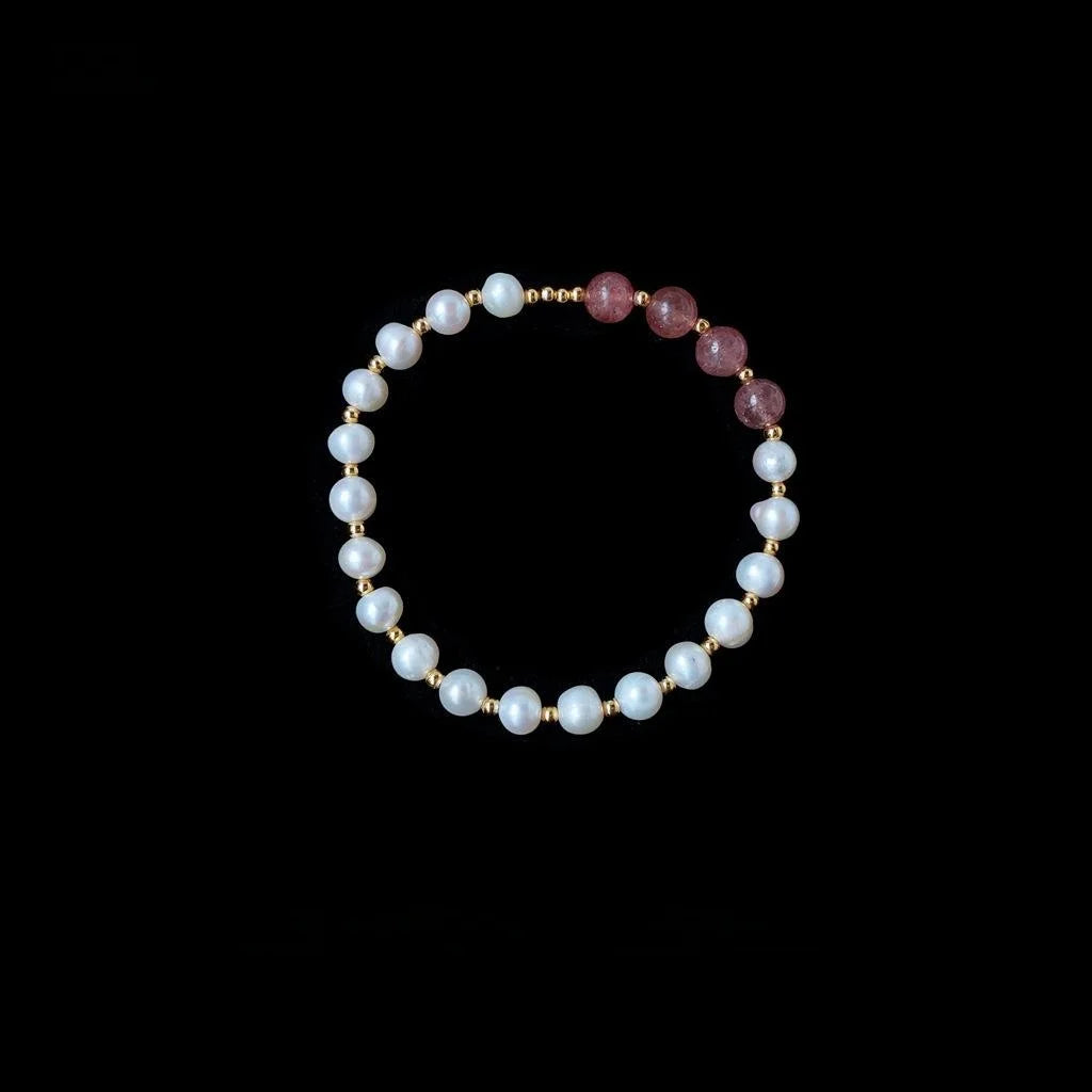 Korean Style Natural Freshwater Pearl Strawberry Quartz Geometric Ring Adjustable Bracelet