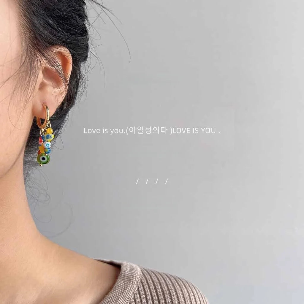 Handmade Asymmetric Floral Glass Liuli Copper Drop Earrings With 14K Plated Pins