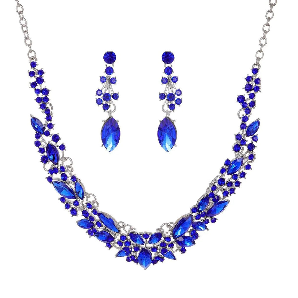 Luxury Crystal Leaf Necklace And Earrings Jewelry Set, Elegant Rhinestone Bridal Jewelry For Wedding Party