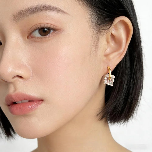 New Chinese Style Vintage Floral Enamel Copper Micro Pave Zircon Drop Earrings