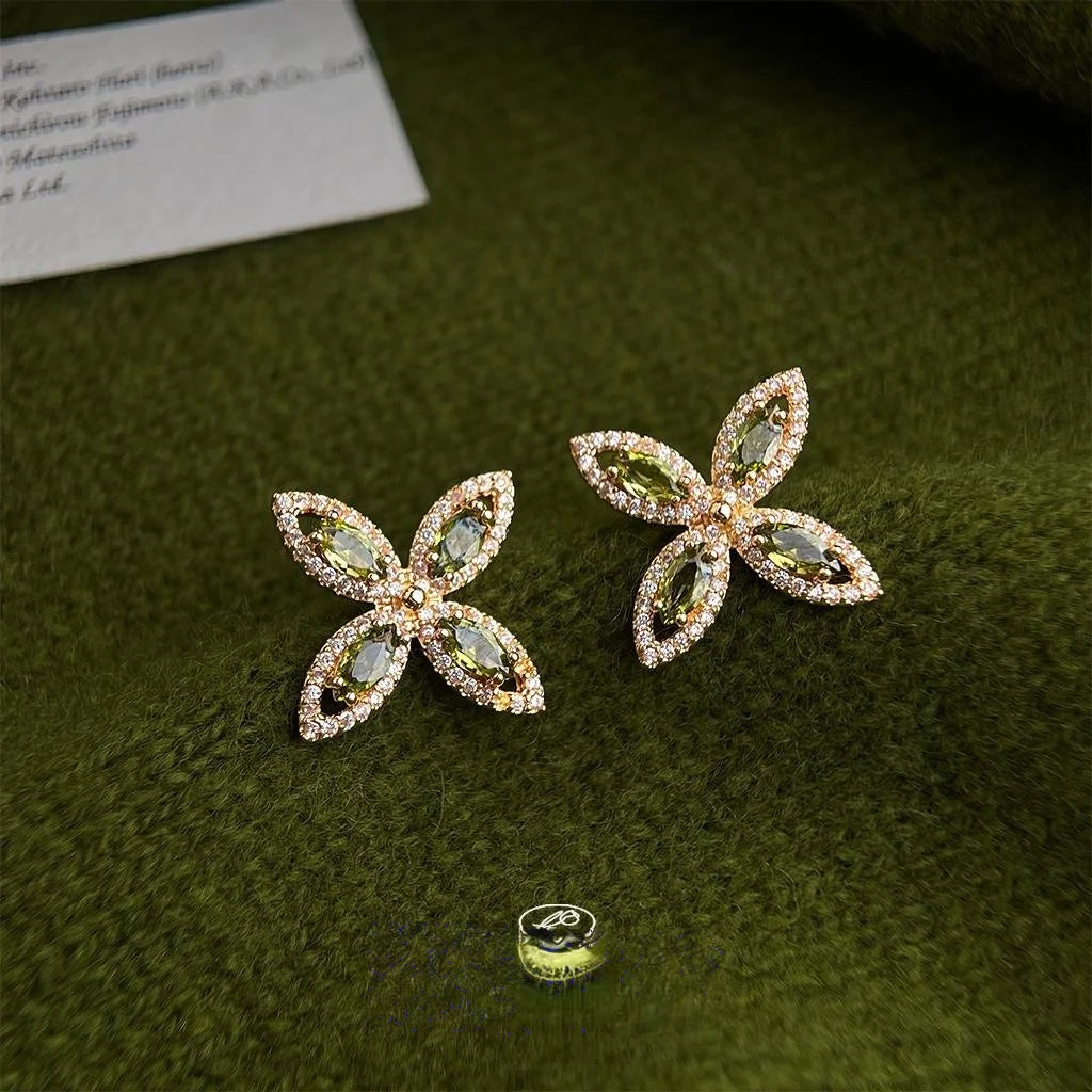 Light Luxury Olive Green Micro Pave Zircon Geometric Flower Drop Earrings For Women