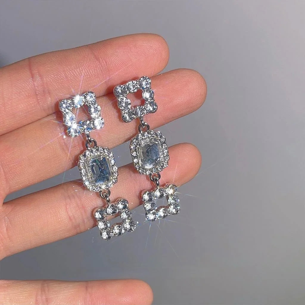 Light Luxury Geometric Square Glass Rhinestone Long Stud Earrings For Evening Wear
