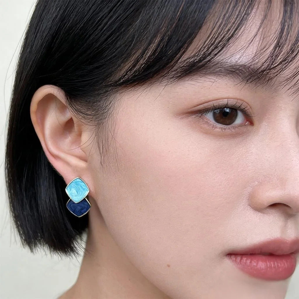 Eco-Friendly Copper Geometric Square Drop Earrings Sea Blue Contrast Vacation Style