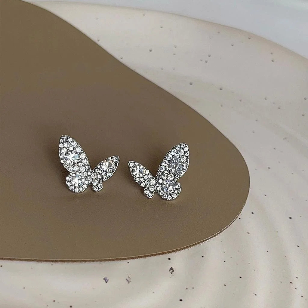 Sparkling Butterfly Glass Rhinestone Copper Stud Earrings Silver Plated Fresh Sweet Jewelry