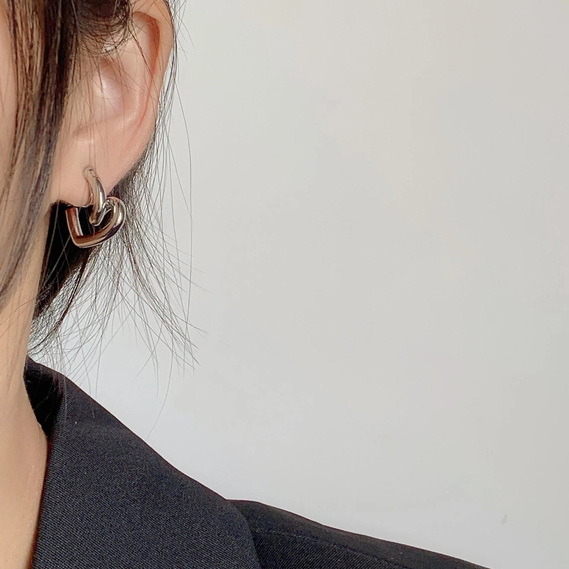 Silver Tone Alloy Open Heart Spiral Stud & Clip On No Piercing Minimalist Ear Cuff Fashion Earrings
