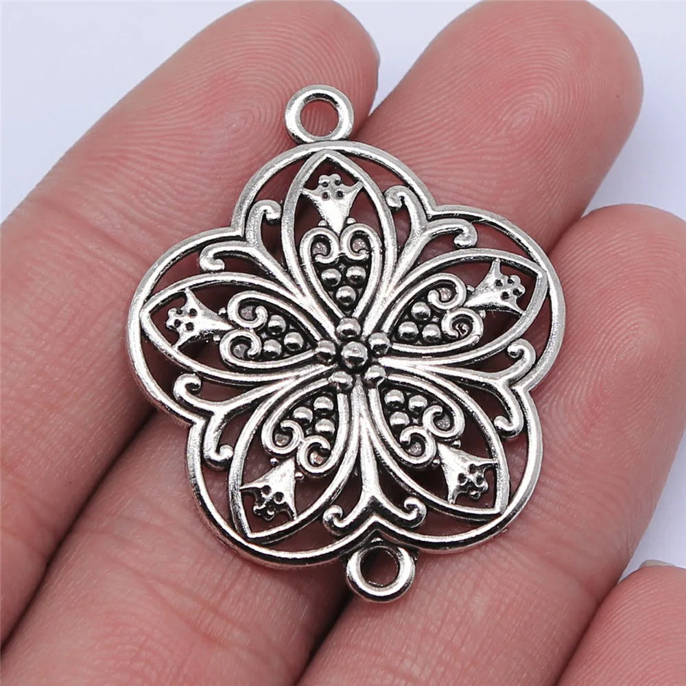 37x31mm 3.4g Antique Silver Zinc Alloy Hollow Flower Connector Charm for DIY Necklace Making