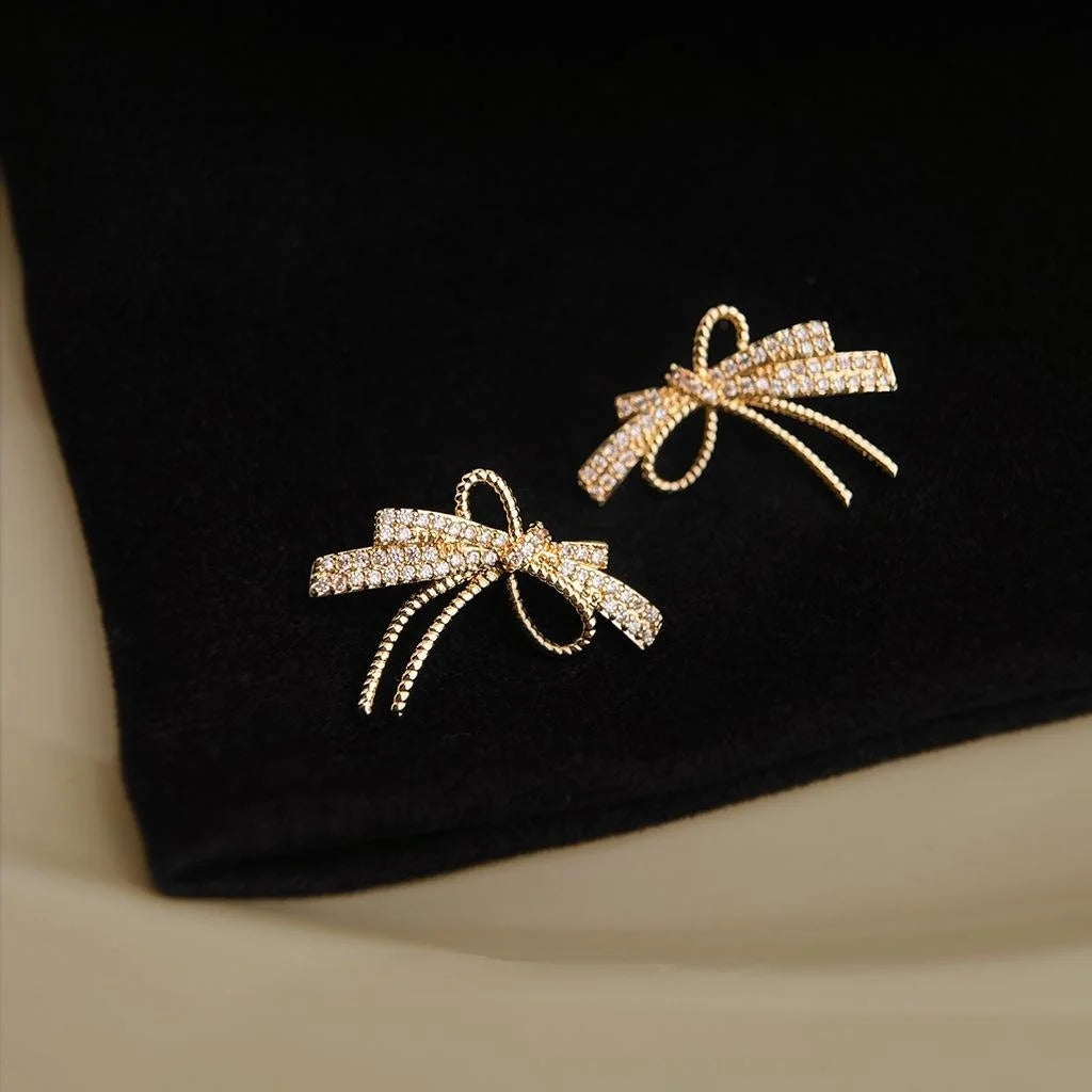Micro Pave Zircon Bow Knot Stud Earrings Copper Minimalist Ribbon Design Versatile Jewelry