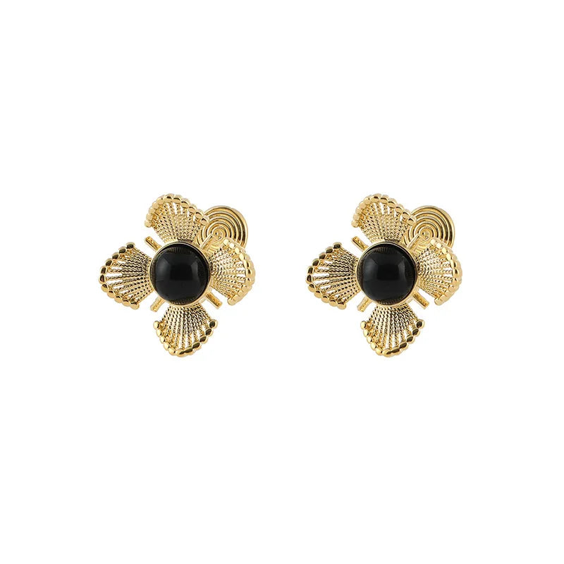 Vintage Gold Alloy Hollow Flower Black Enamel Stud & Clip On No Piercing Women's Luxury Earrings