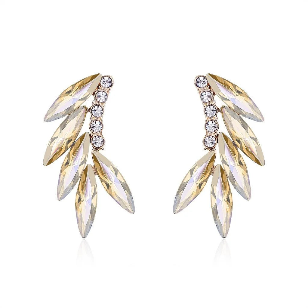 Elegant Gold Alloy Glass Crystal Leaf Wing Climber Earrings With Rhinestones For Wedding Party Gift