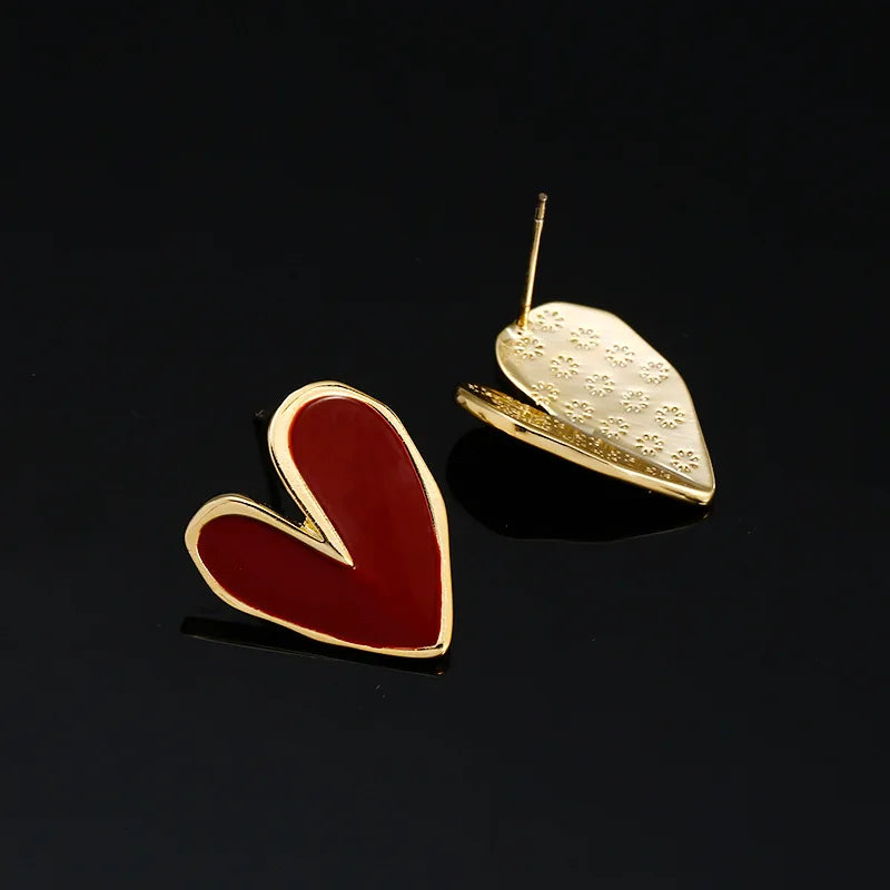 Luxury Red Enamel Heart Gold Tone Alloy Spiral Back Stud & Clip On No Piercing Women's Earrings