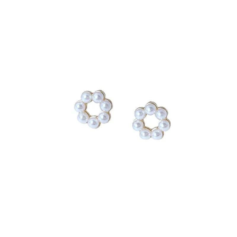 Mini Korean Japanese Round Hollow Pearl Stud Earrings, 14K Plated Copper Geometric Jewelry