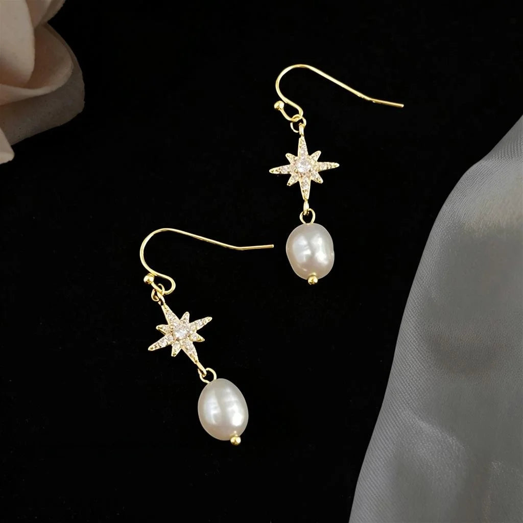 Freshwater Pearl Zircon Eight-Point Star Handmade Drop Earrings Light Luxury Geometric Jewelry