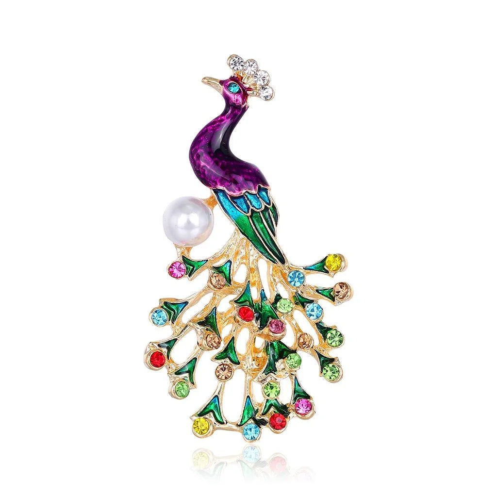 Elegant Enamel Peacock Brooch With Rhinestone And Faux Pearl, Colorful Animal Lapel Pin Gift